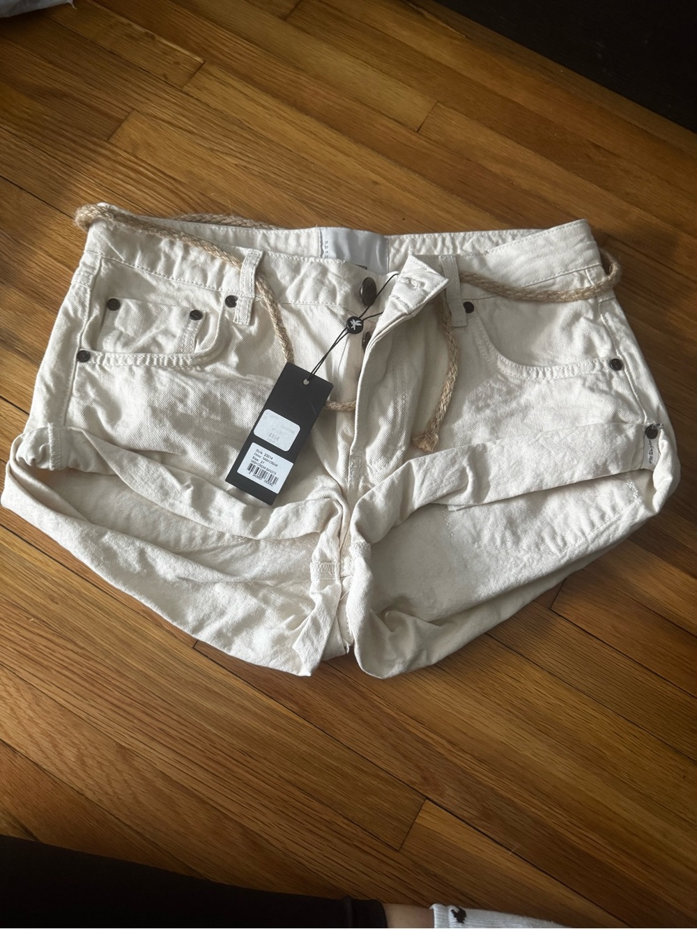 One Teaspoon Cream/Off-White Denim Jean Shorts with Rope Belt